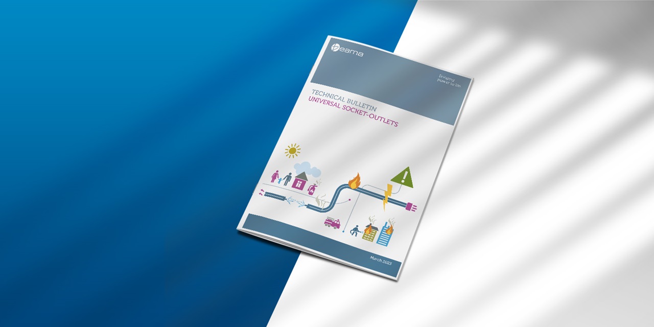 Technical bulletin on universal socket-outlets with infographic on electrical safety and usage depicted on the cover, placed on a blue and white background