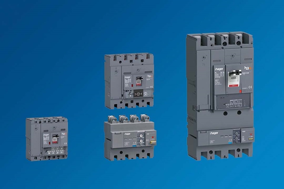 Hager brand circuit breakers and electrical protection devices against blue background