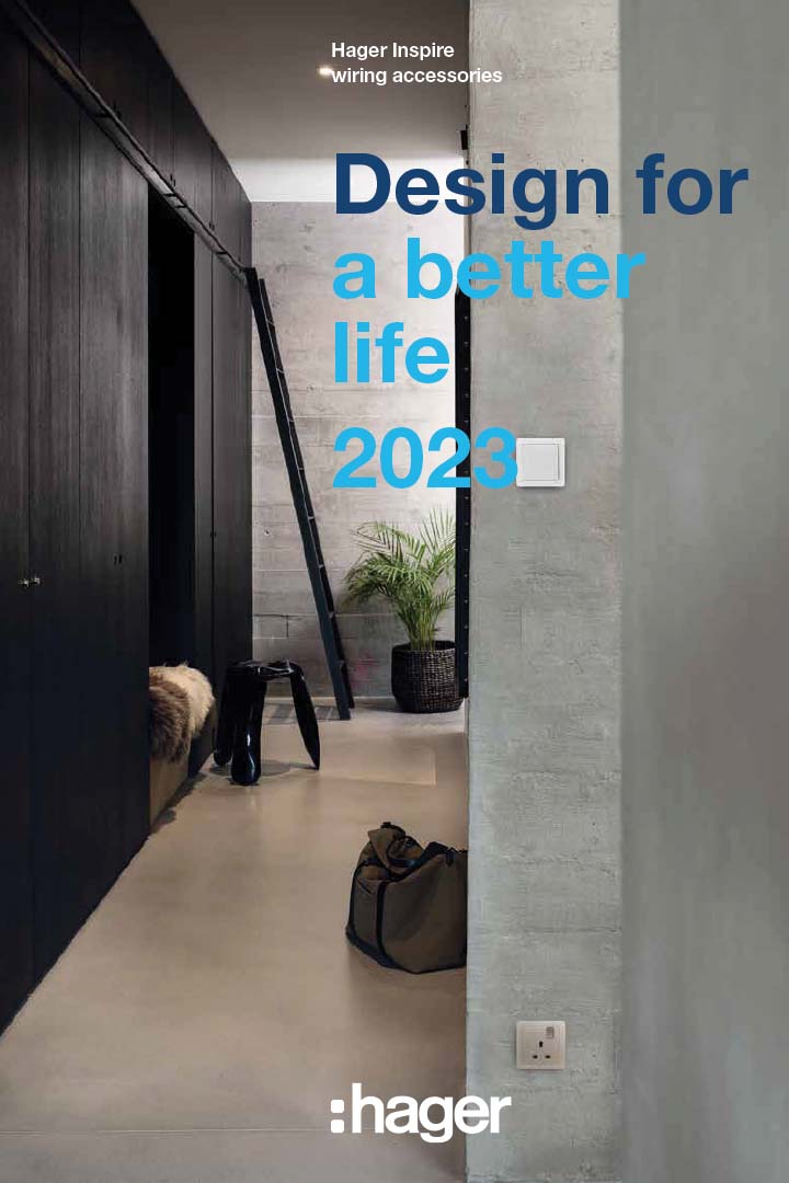 Hager Inspire brochure cover featuring modern interior design with light switch and slogan 'Design for a better life 2023'