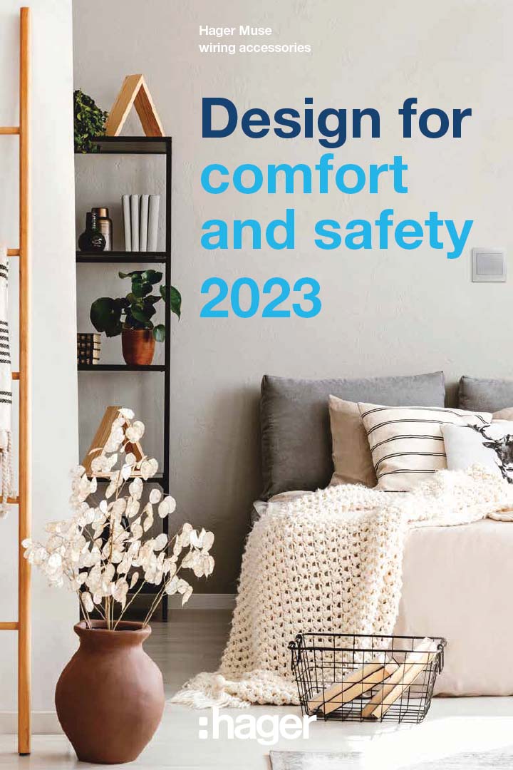 Hager promotional material featuring a cozy living room with Hager wiring accessories and the slogan 'Design for comfort and safety 2023'