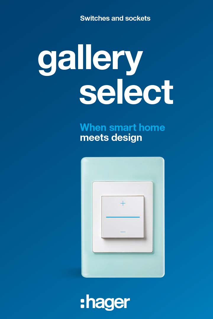 Hager promotional image featuring Gallery Select switches and sockets with a minimalist design on a blue background