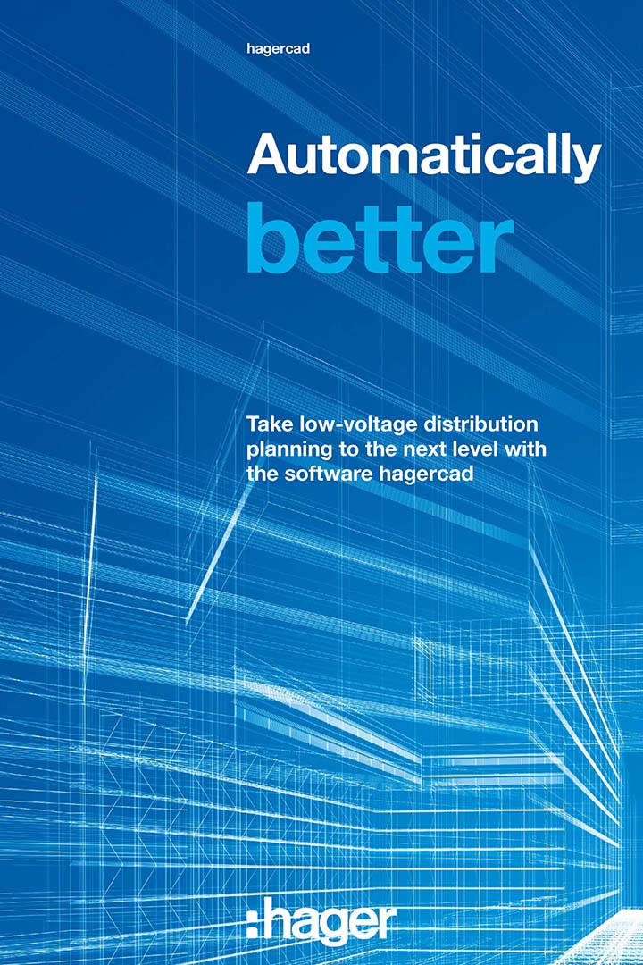 HagerCAD software advertisement for advanced low-voltage distribution planning on a blue technical drawing background