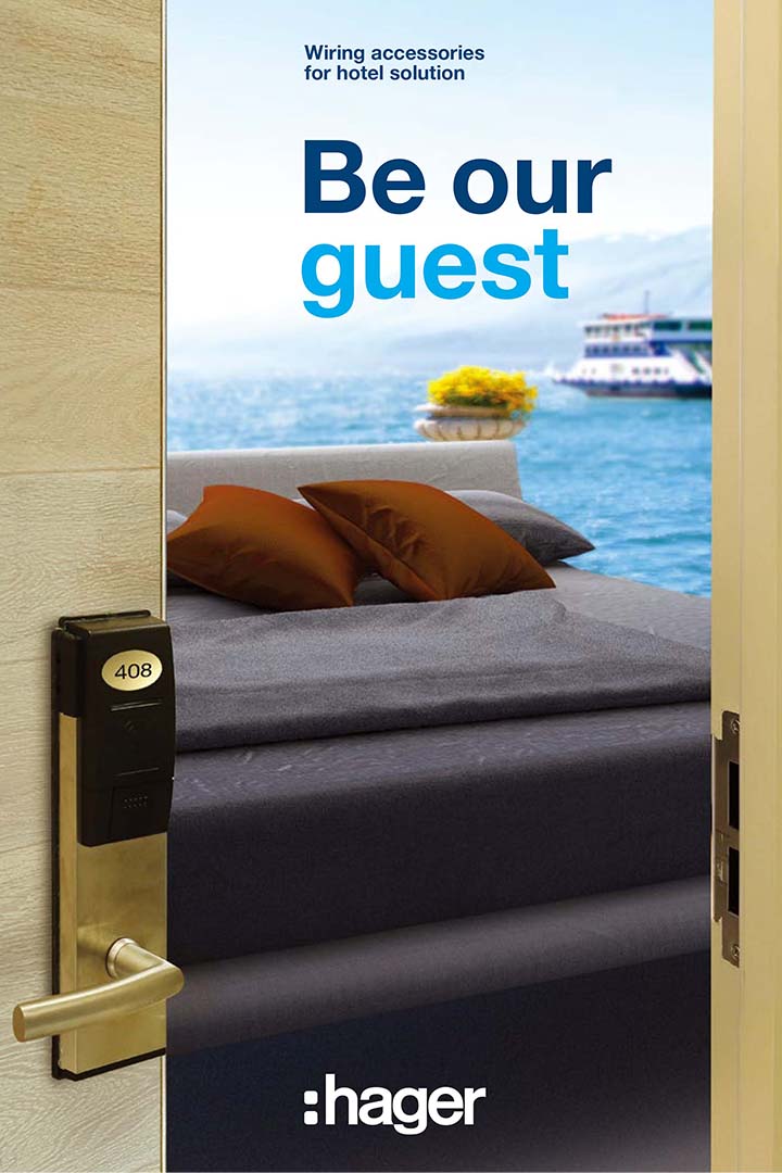 Hager hotel room smart card reader and door handle on a wooden door with a scenic view of the ocean and ship through the window