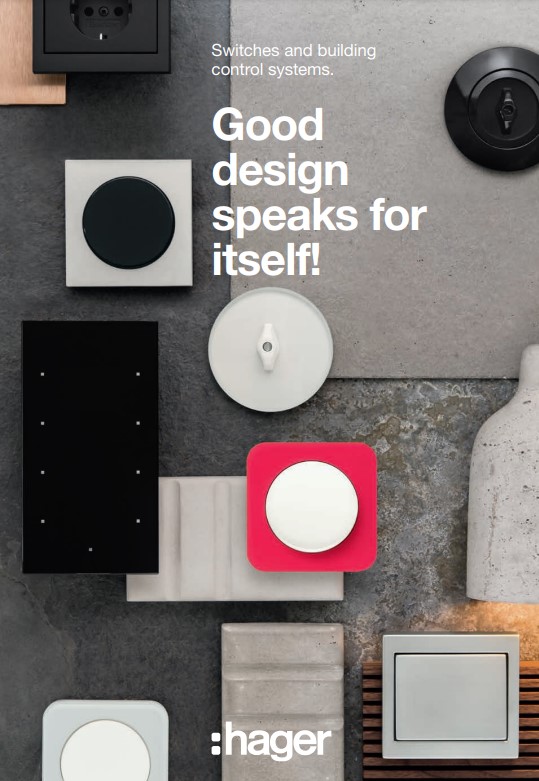 Assortment of Hager switch designs and building control systems on a concrete background